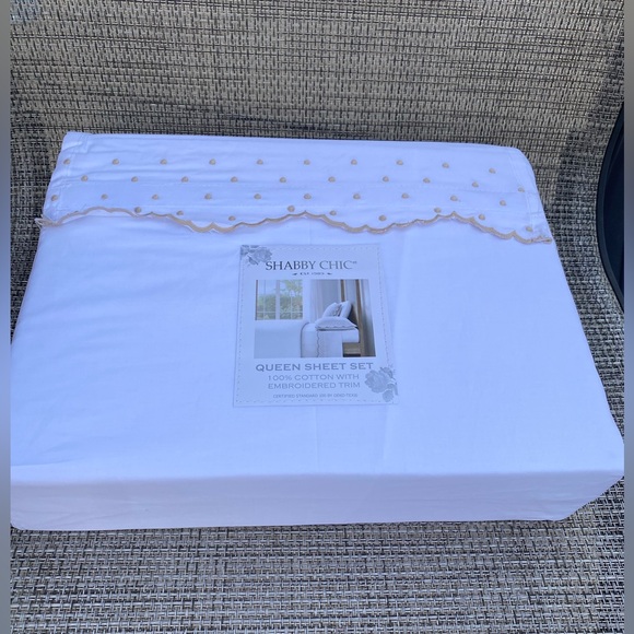 Shabby Chic White Cotton Enbroidered Scallop Dot Natural QUEEN Sheet Set 4pc - Picture 12 of 13